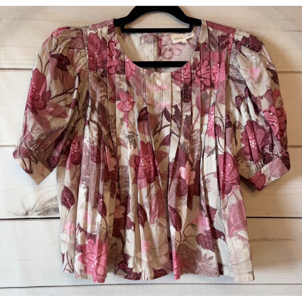 Entro Pink Floral Pintuck Puff Sleeve Cotton Blouse Large T28084